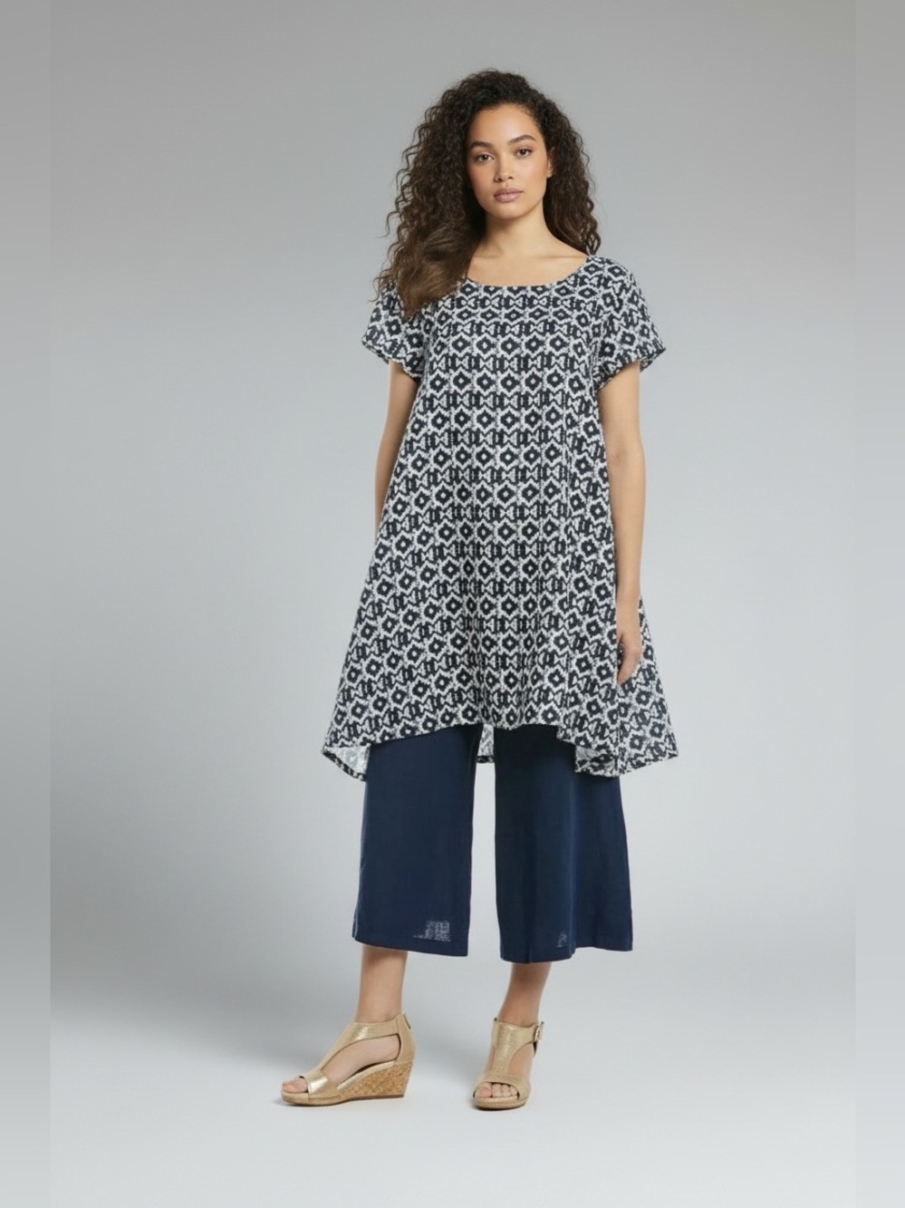 Bryn Walker Winn Tunic Geometric Print Handkerchief Hem Linen Blue/Ivory Dress L